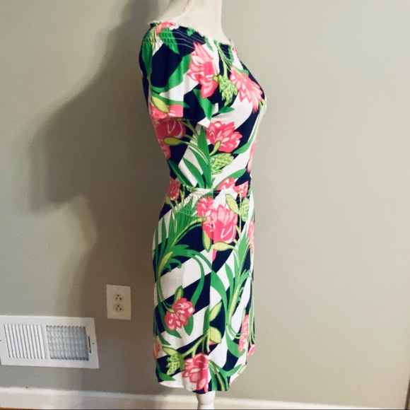 Lilly Pulitzer Dress Knit Stretch Off or On Shoulder Lotus Floral Navy Pink - Picture 4 of 10